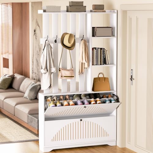 Narrow Hall Tree with Storage, Modern Entryway Coat Rack with Shoe Cabinet - Image 5