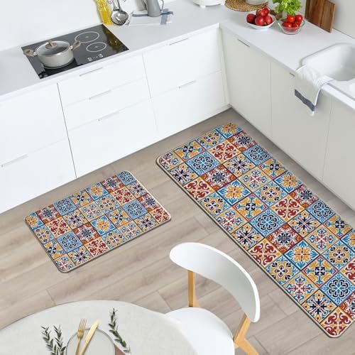 Boho Moroccan Tile Traditional Kitchen Rugs Set of 2 - Image 2