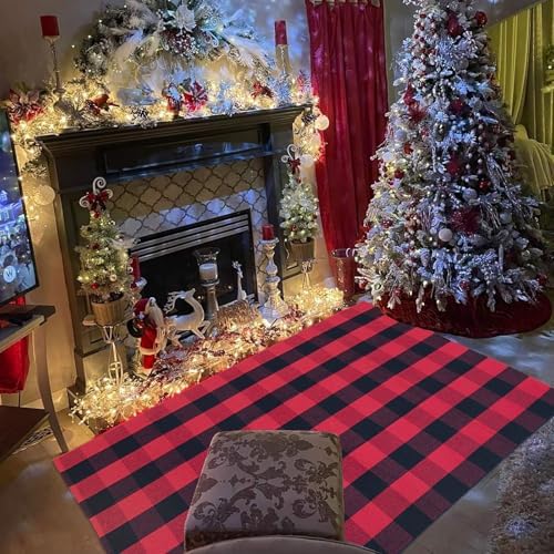Red and Black Plaid Rug, Cotton Woven Rug - Image 7