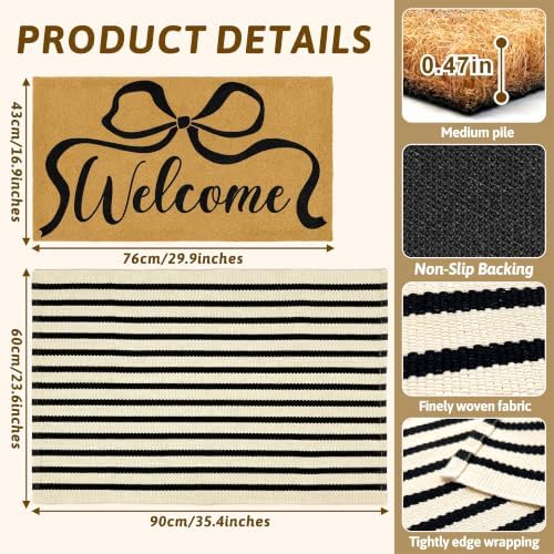 2 Pcs Coir Bow Welcome Mat Outdoor Stripe Layering Rug - Image 2
