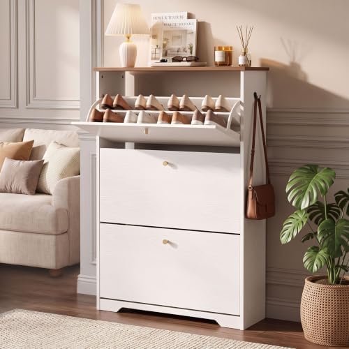 Nicetree 3 Flip‑Drawer Shoe Cabinet, Walnut Top, 9.5" Deep, Light White by Nicetree