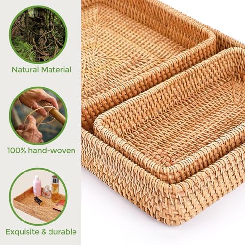 Rattan Serving Tray, Rectangle Wicker Storage Basket Set of 3 - Image 4