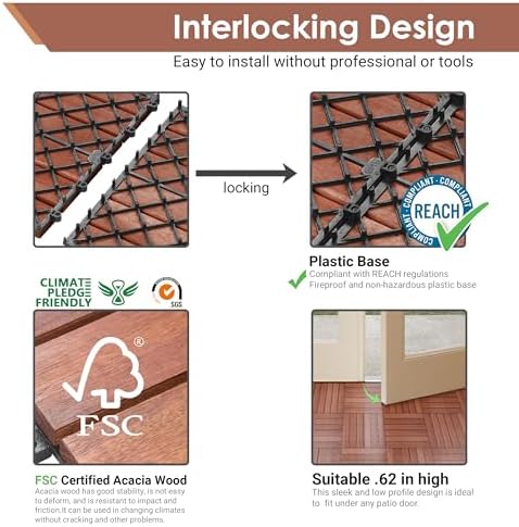 PrimeZone 9 PCS Solid Acacia Wood Interlocking Patio Deck Tiles Outdoor - Image 4