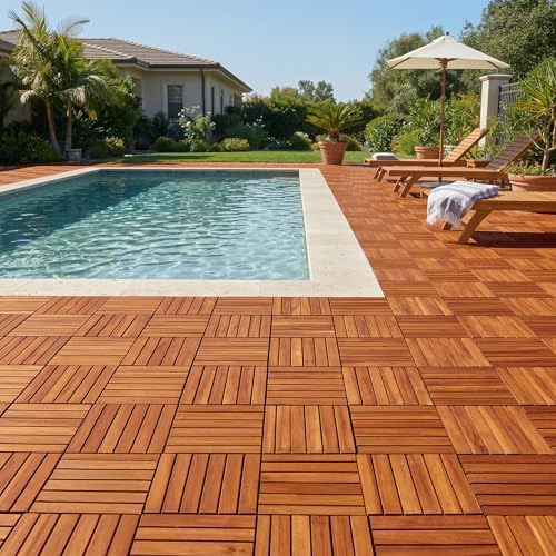 Acacia Wood Interlocking Deck Tiles, Waterproof Patio Tiles - Image 2