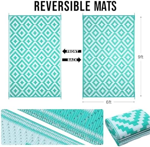 OLANLY Outdoor Rug 6x9 ft Waterproof Reversible Mat, Turquoise & White - Image 2