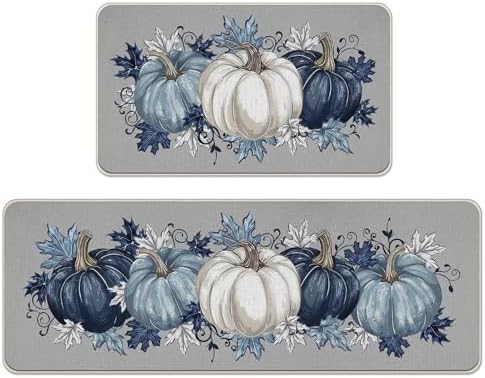 Fall Blue White Pumpkin Kitchen Rugs Set of 2 by Livcoz