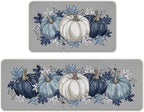 Fall Blue White Pumpkin Kitchen Rugs Set of 2 by Livcoz
