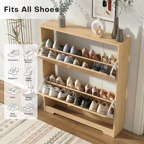 Nicetree Shoe Cabinet with 2 Flip Drawers, Entryway Storage, Natural Oak - Image 3