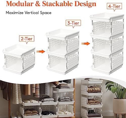 Lifewit Plastic Stackable Storage Baskets, 4 Tier Stacking Bins - Image 4