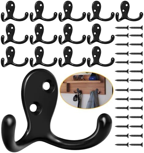 Homanu 14 Pack Black Coat Hooks Wall Mounted Double Prong by Homanu