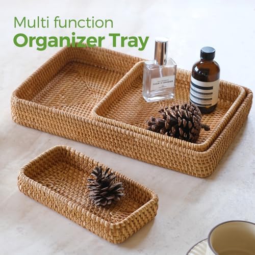 Rattan Serving Tray, Rectangle Wicker Storage Basket Set of 3 - Image 2