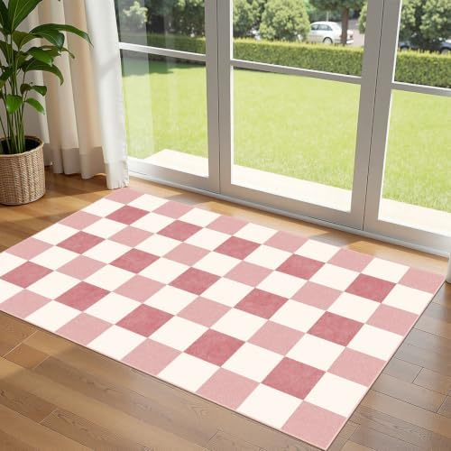 Pink White Checkered Entry Rug by Othilic