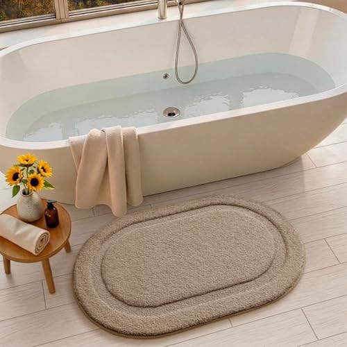 Color&Geometry Oval Beige Bathroom Rugs 32x20, Extra Soft Absorbent Microfiber - Image 2
