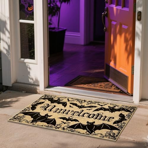 Unwelcome Halloween Doormat Outdoor Indoor Entrance Mat Black Bat Floor Mat - Image 4