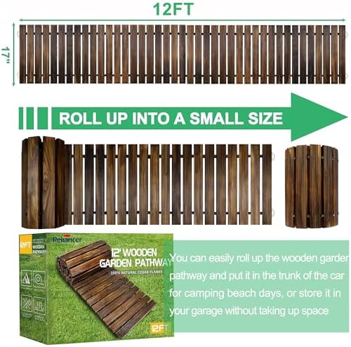 RELIANCER 12' Wooden Garden Pathway, Weather-Resistant Roll Out Cedar Walkway - Image 2