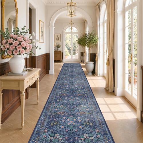 Dark Blue Boho 3x20 Extra Long Runner Rug by HazoHaus