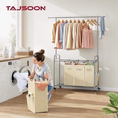 Tajsoon Laundry Hamper with Hanging Rack, Laundry Sorter 4 Sections - Image 2