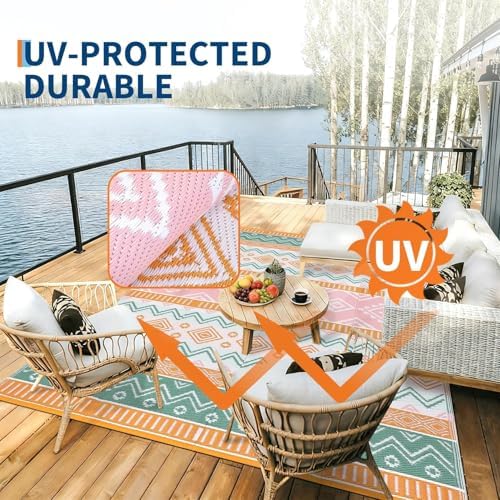 Garvee 9x12 Outdoor Area Rug Waterproof Plastic Straw Rug, Boho Reversible RV - Image 2
