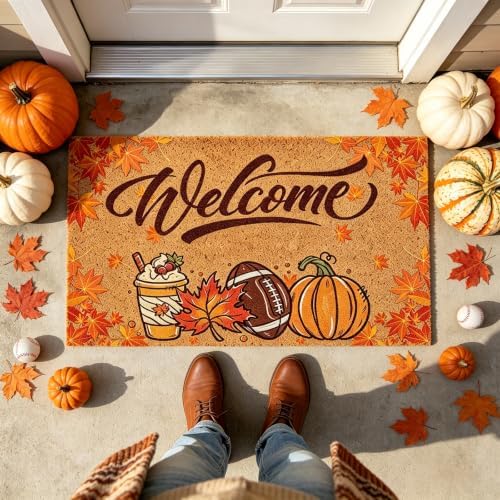 Pumpkin Football Fall Welcome Door Mat, Fall Maple Leaves Doormat - Image 4