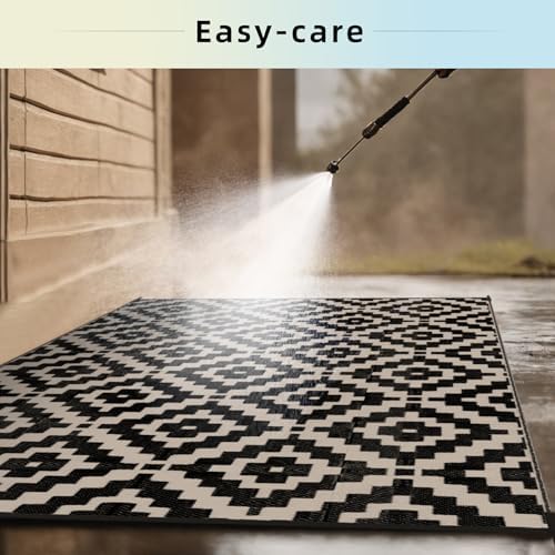 Favoyard Outdoor Rug Black & Beige 5x8 ft Waterproof Reversible Carpet Mat - Image 4