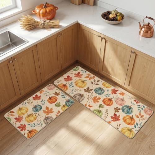 Fall Kitchen Mats Set of 2, Autumn Pumpkin Maple Leaf Kitchen Rugs - Image 6
