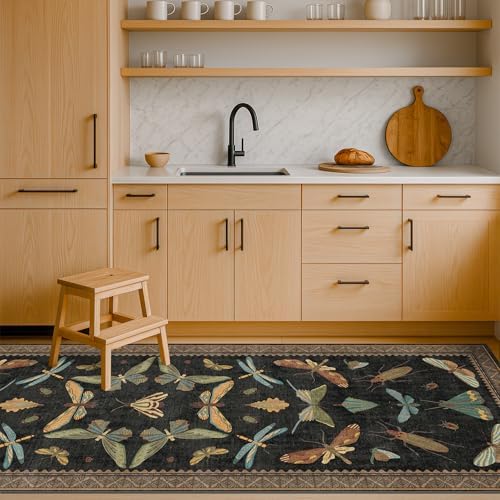 Vintage Insect 2x8 Black Entryway Runner Rug, Washable Non Slip Runners - Image 3