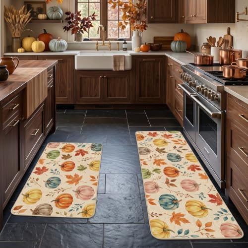 Fall Kitchen Mats Set of 2, Autumn Pumpkin Maple Leaf Kitchen Rugs - Image 2