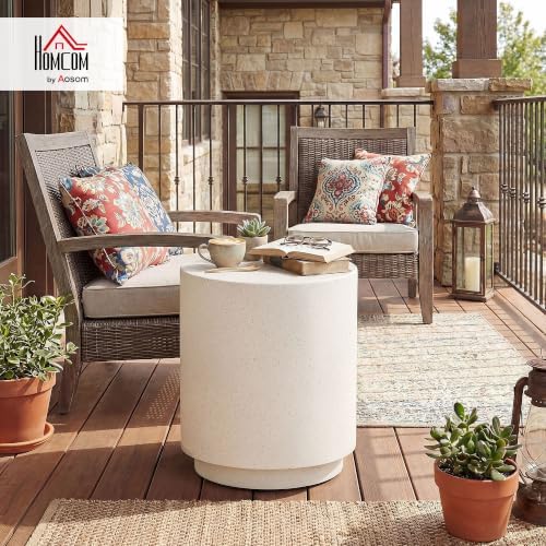 HOMCOM Outdoor Side Table Round Small End Table Concrete Finish Cream White - Image 2