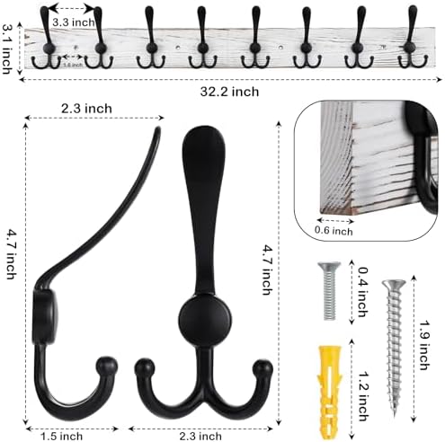 Kuhome 32.2'' Large Coat Rack Wall Mount Coat Hooks - Image 2