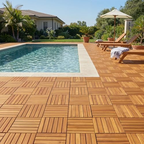Acacia Wood Interlocking Deck Tiles, Waterproof Patio Tiles - Image 3