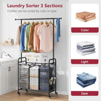 Tajsoon Laundry Sorter with Hanging Bar, 3 Section Laundry Hamper - Image 4