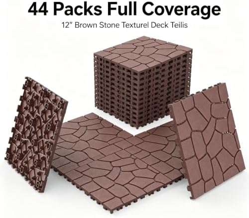 44 Pack Brown Stone Texture Interlocking Deck Tiles, 12x12 Waterproof Weather - Image 5