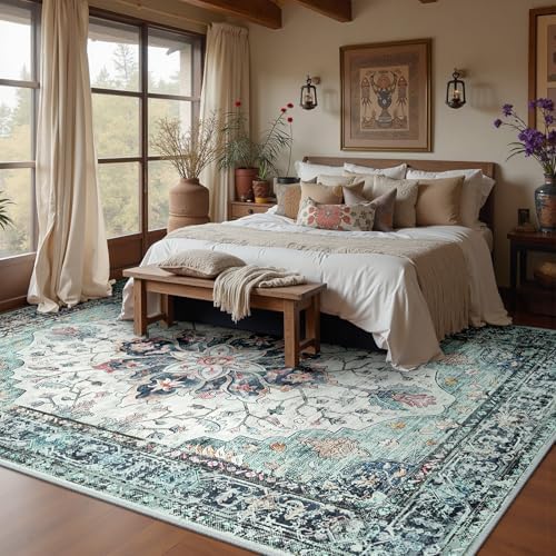 RELEANY Washable Area Rug, Teal Green/White/Navy - Image 2