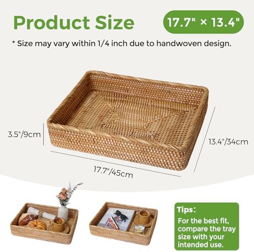 Large Rattan Serving Tray, Rectangle Wicker Storage Basket - Image 3
