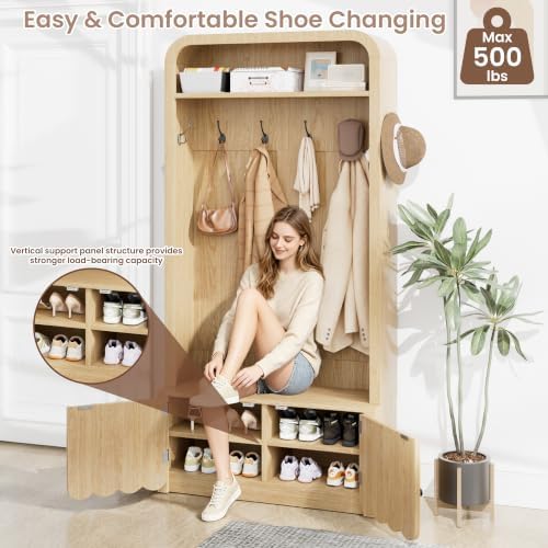 Narrow Hall Tree with Bench and Shoe Storage, Arched Mudroom Bench with Storage - Image 4