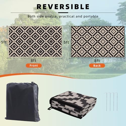 Favoyard Outdoor Rug Black & Beige 5x8 ft Waterproof Reversible Carpet Mat - Image 2