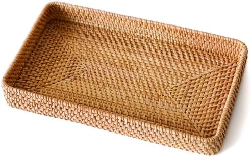 Rattan Serving Tray, Rectangle Wicker Storage Basket by S310