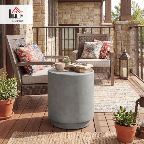 HOMCOM Outdoor Side Table Round Small End Table Concrete Finish Light Gray - Image 2