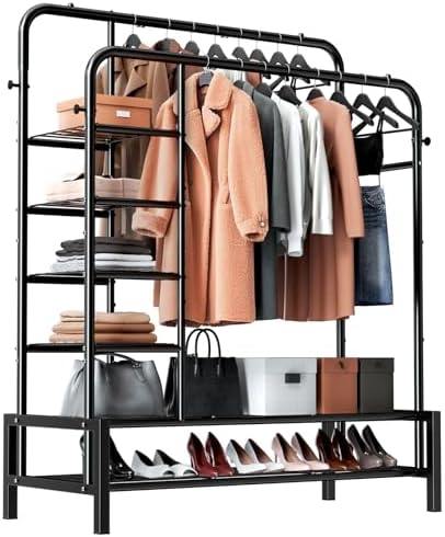 Clothes Rack with Shelves, Double Rods Clothing Rack by ZHKINGGS