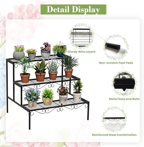 Plant Pot Stand Shelf, 3 Tier Flower Ladder Display Rack, Metal Succulent - Image 5