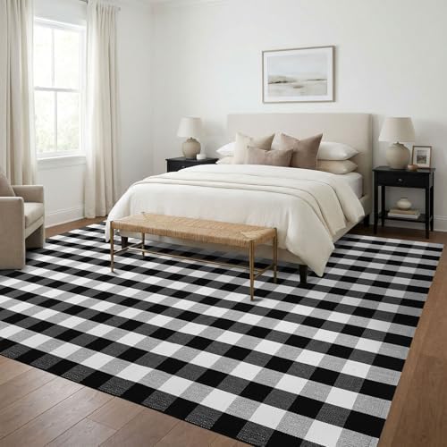 KILOCOCO Buffalo Plaid Checkered Rug 7.5x10 ft Black White Living Room Rug - Image 6