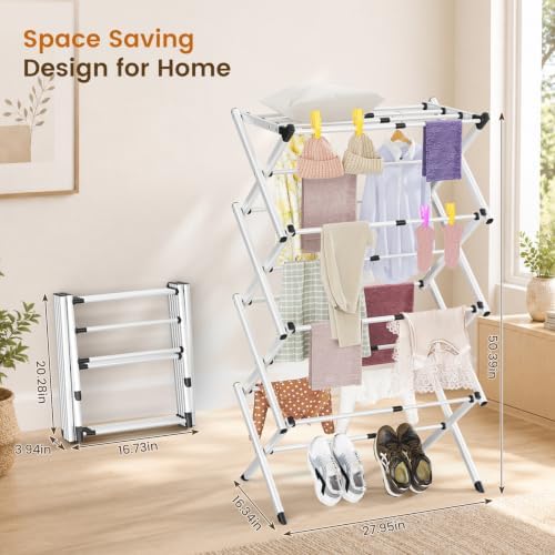 4-Tier Foldable Clothes Drying Rack, Adjustable Width 16.3"-27.95", Heavy Duty - Image 2