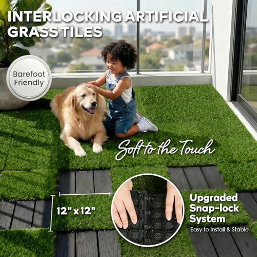 XLX TURF Artificial Grass Tiles Interlocking Outdoor Turf 12"x12" 9 Pack - Image 2