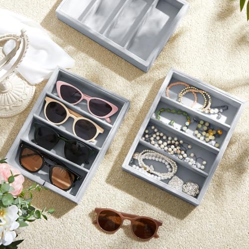 Amylove 4 Pcs Gray Sunglass Organizer Trays 4 Grids Velvet Glasses Holder - Image 4