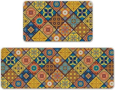 Boho Moroccan Tile Traditional Kitchen Rugs Set of 2 by Livcoz
