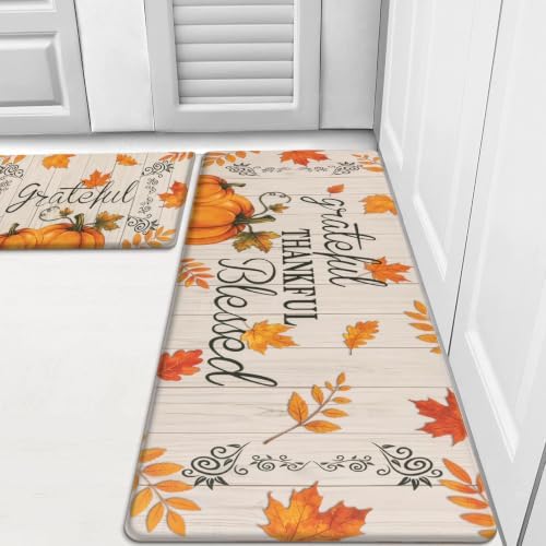 HEBE Fall Kitchen Mat Set of 2, Anti Fatigue Pumpkin Kitchen Mats by HEBE