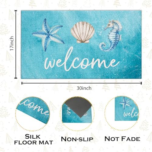 Jvpke Blue Beach Welcome Mat for Front Door, Beach Door Mat, Starfish Seashell - Image 3
