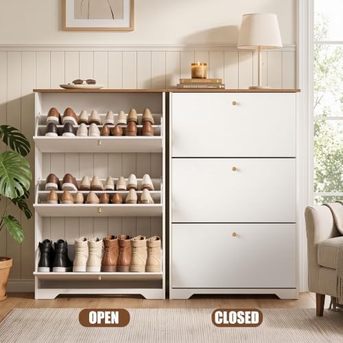Nicetree 3 Flip‑Drawer Shoe Cabinet, Walnut Top, 9.5" Deep, Light White - Image 5