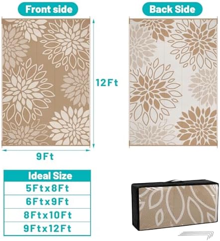 HEBE Waterproof Outdoor Rug 9'x12', Floral Reversible Plastic Patio Rug - Image 2