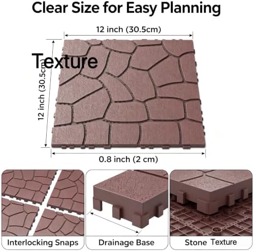 44 Pack Brown Stone Texture Interlocking Deck Tiles, 12x12 Waterproof Weather - Image 6